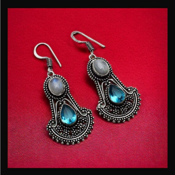 Rainbow Moonstone & Blue Topaz Drop Dangle Hook Style Earrings 2" L New With Tag - Picture 11 of 16